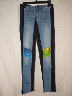 Styles Ever After Patchwork Skinny Jeans Blue Black Neon Green Blue Size S